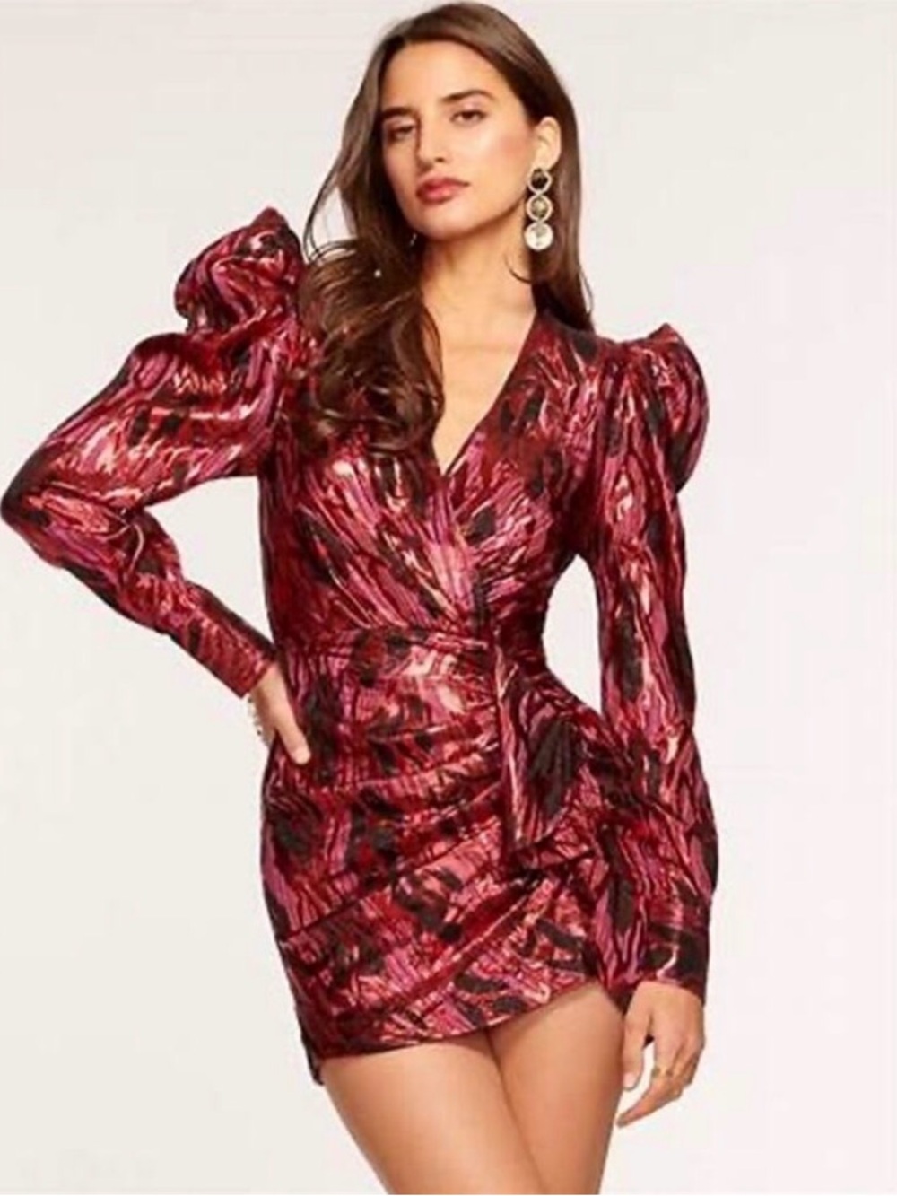 Ramy Brook Annie Red Jacquard Faux Wrap Puff Long Sleeve Cocktail Mini Dress 8
